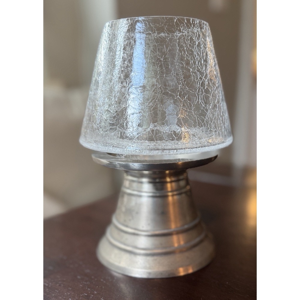 Vintage Pottery Barn Silver Pillar Candle Stand Crackle Glass Cover, India 7.5" - Picture 2 of 5